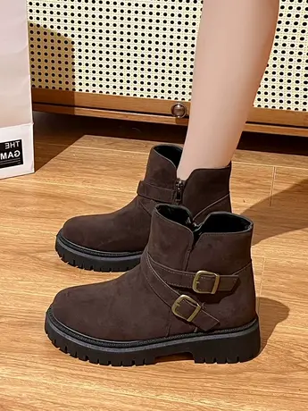 棕色复古绒面马丁靴女2023年新款春秋单靴厚底瘦瘦靴高级感小裸靴图片