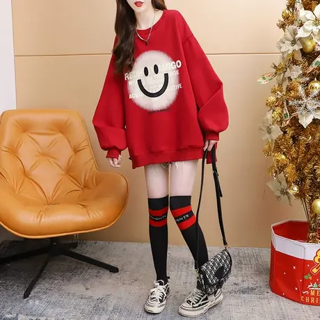 加绒加厚卫衣女中长款2023新款秋冬季宽松慵懒风洋气网红百搭上衣商品大图