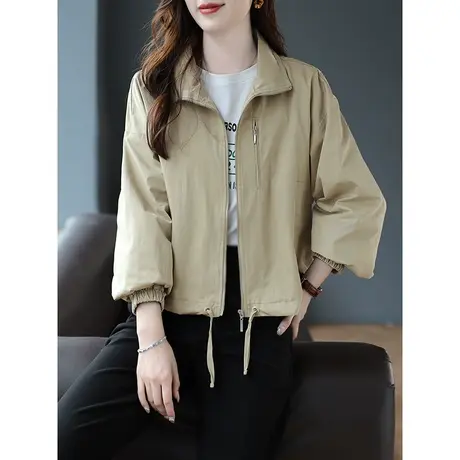 宝诗黎小立领宽松拉链上衣女2023春秋季新款长袖短款外套通勤百搭商品大图