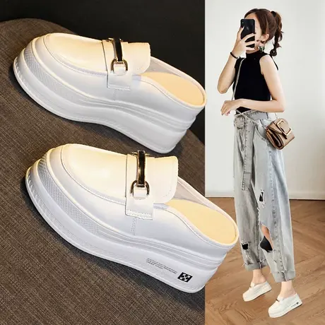 包头半拖鞋女鞋夏季2023新款内增高外穿厚底松糕半托小白鞋子夏款图片