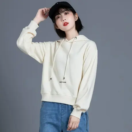米白色卫衣女春秋短款上衣2023新款修身高腰连帽外套小款薄款时尚商品大图