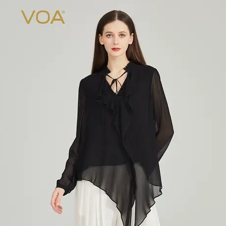 VOA乔其纱桑蚕丝黑色木耳边V领灯笼长袖活页装饰尖角下摆真丝T恤图片