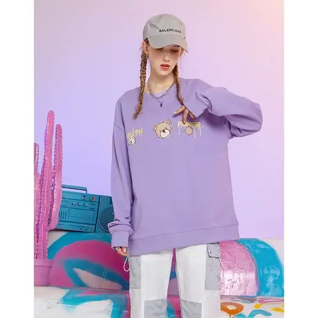 YEP紫色卫衣女春秋薄款宽松韩版慵懒风洋气减龄小熊印花长袖上衣商品大图