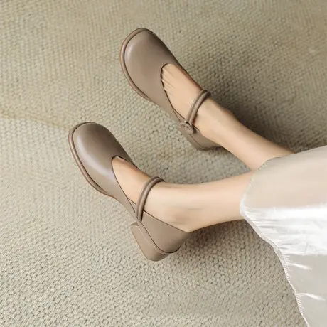 粗跟单鞋女真皮秋季新款低跟平底鞋女浅口软皮软底圆头一字扣女鞋商品大图