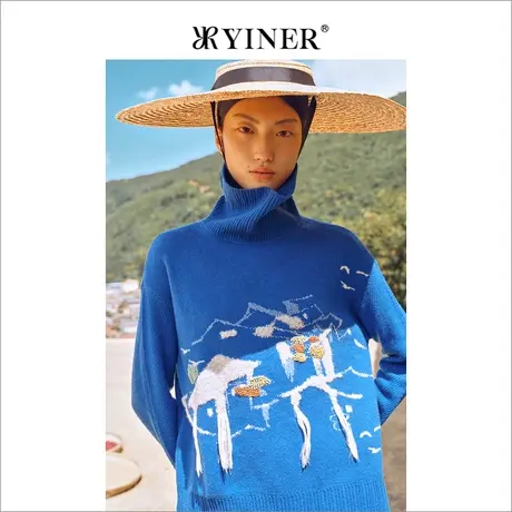YINER音儿女装冬季艺术图案羊毛含羊绒针织衫上衣图片