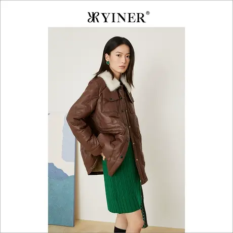 *YINER音儿奥莱女装冬季复古印花撞色毛领轻薄皮羽绒商品大图