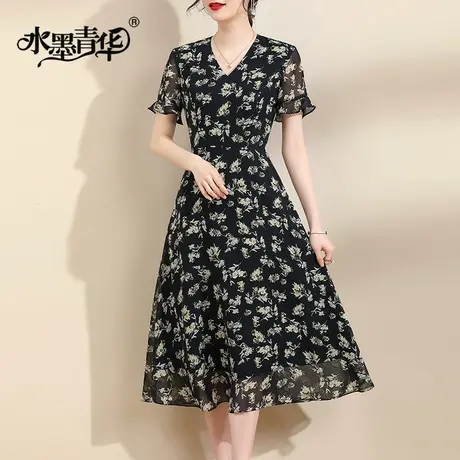水墨青华2024夏季新款百搭显瘦大摆裙时尚花色短袖雪纺连衣裙商品大图