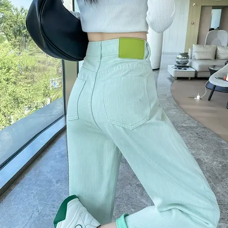 浅色牛仔裤女2024春秋新款高腰直筒宽松显瘦小个子撞色哈伦老爹裤商品大图