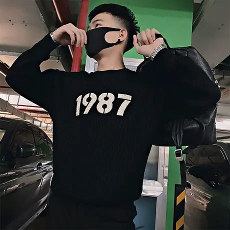 2023冬季美式宽松套头毛衣男ins冬款设计感字母针织衫线衣打底衫商品大图