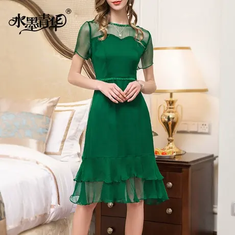 【1件7.9折】夏季新款简约修身真丝裙优雅百搭显瘦绿色短袖连衣裙图片