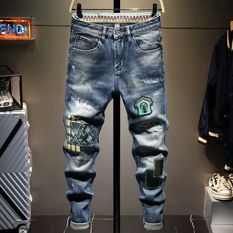 秋季时尚潮牌破洞牛仔裤男修身小脚百搭补丁乞丐裤子男日系复古男商品大图