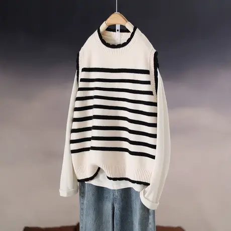 2023新品春季韩版宽松无袖条纹针织衫马甲套头圆领背心上衣女马夹图片