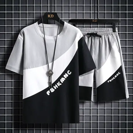 夏季薄款短裤套装男士冰丝短袖t恤ins潮搭配帅气休闲运动夏装一套商品大图