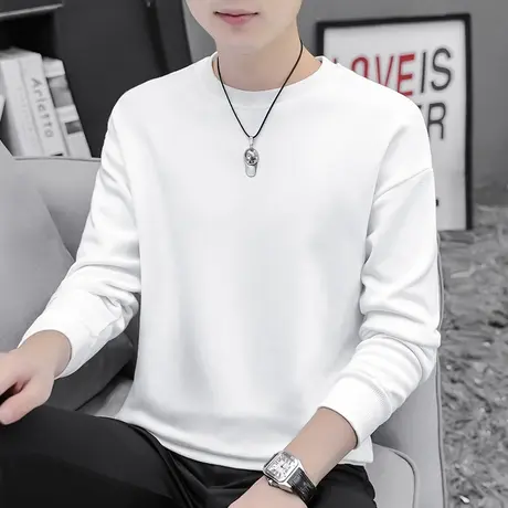 纯色白色卫衣男春秋潮ins宽松圆领套头无帽加绒百搭秋季薄款长袖图片