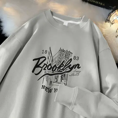 350g重磅灰色卫衣男2024新款秋冬季圆领无帽长袖t恤日系潮流百搭图片