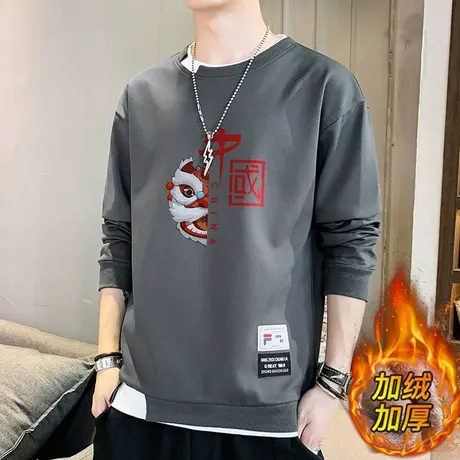 国潮秋冬圆领卫衣男潮宽松加绒加厚2023春秋季新款长袖t恤上衣服商品大图