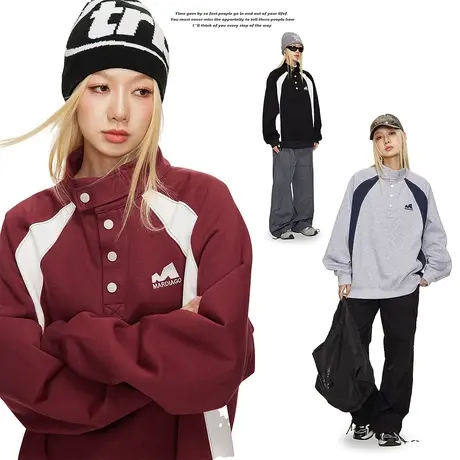 美式拼接半高领卫衣女春秋2024新款街头潮牌复古宽松oversize外套商品大图