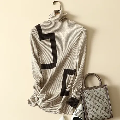堆堆领撞色拼接套头针织衫女士新款秋冬洋气修身打底衫高领毛衣女商品大图