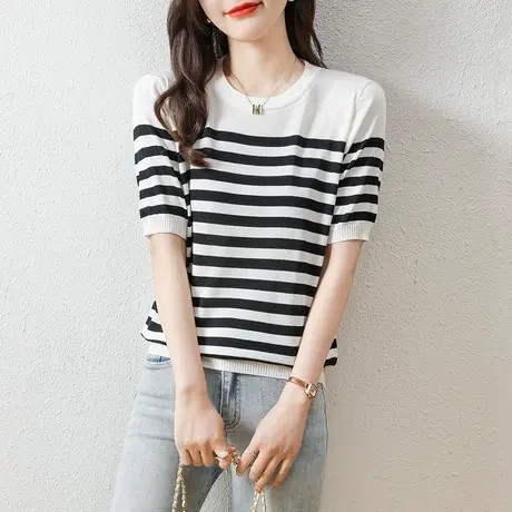 薄款打底条纹T恤夏季女士新款针织衫短袖宽松韩版透气内搭上衣商品大图