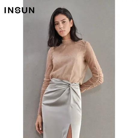 INSUN恩裳春季OL半高领镂空蕾丝衫长袖商品大图