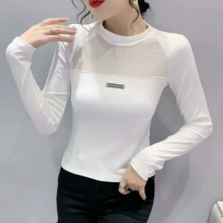 2024春秋新款性感网纱拼接上衣女长袖欧货镂空打底衫修身高腰T恤商品大图