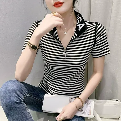 欧货条纹翻领T恤女短袖2024夏新款个性潮品拉链上衣修身显瘦小衫图片