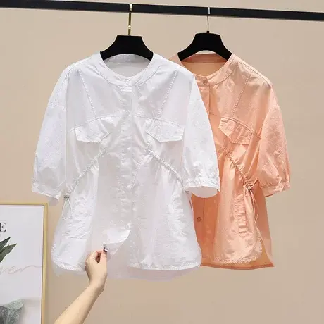 2023夏装新款韩版时尚宽松设计感衬衣小众衬衣圆领开衫棉衬衫女潮商品大图