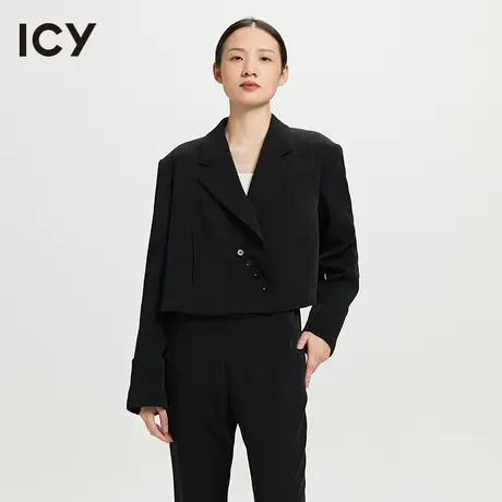 icy2023春季新款奢雅质感翻驳领短款宽松斜纽扣西装外套商品大图
