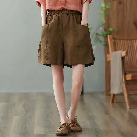 dza 高腰显瘦亚麻休闲短裤女2023夏季五分直筒裤宽松棉麻阔腿裤子商品大图