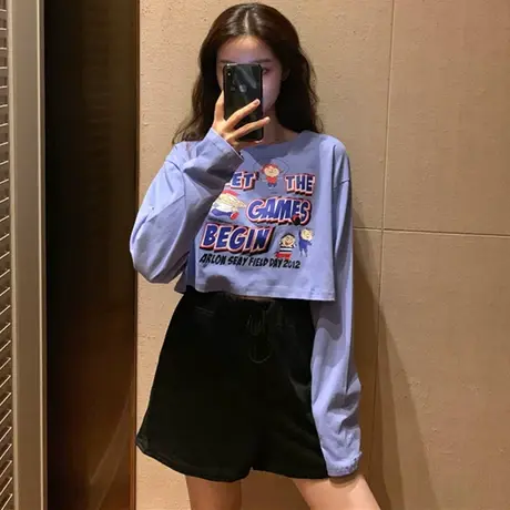 纯棉cec长袖t恤女ins超火短款韩版潮宽松慵懒风学生百搭mschf上衣图片