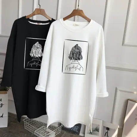 长袖中长款磨毛t恤女韩版宽松2022年秋冬季百搭大码纯棉加厚上衣图片