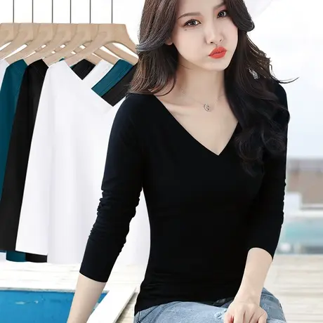 黑色V领打底衫女春秋款低领紧身纯棉长袖t恤简约大V修身内搭上衣商品大图