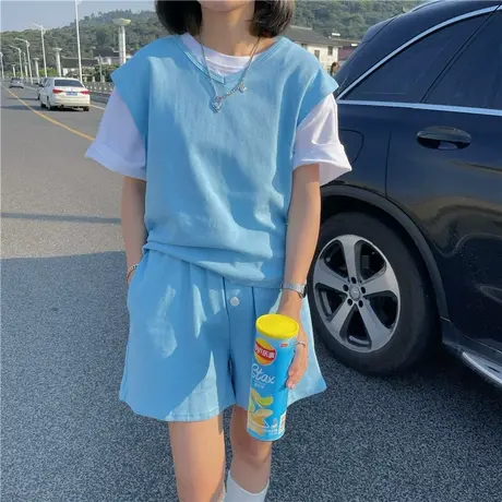 红续盐系少女新款夏装背心卫衣短裤休闲运动套装ulzzang百搭宽松图片
