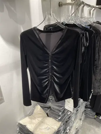 金丝绒单排扣套头长袖T恤女2023秋新款时尚收腰显瘦打底衫上衣ins商品大图