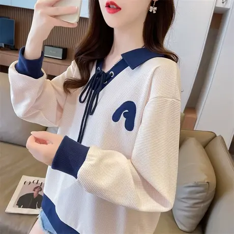 早秋翻领polo衫卫衣女春秋季韩版宽松薄款小个子假两件上衣外套商品大图