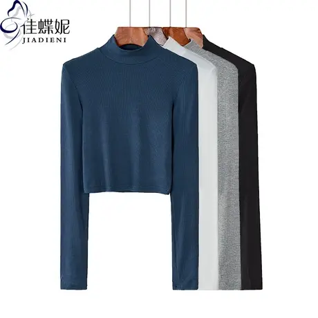 秋季新款修身长袖T恤女短款韩版显瘦打底衫纯棉半高领内搭上衣商品大图