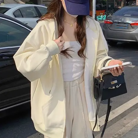 chic复古小个子秋季慵懒风卫衣女大码连帽开衫潮ins薄款情侣外套商品大图