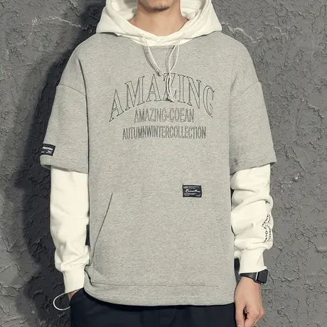 假两件撞色拼接日系潮ins港风宽松卫衣男连帽男生青少年秋装上衣商品大图