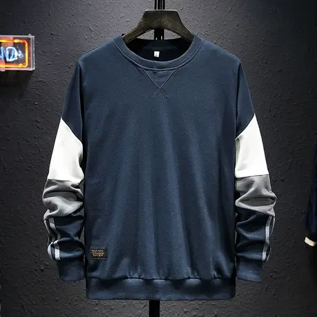 春季潮牌拼接卫衣男宽松大码圆领上衣男装潮流休闲套头长袖男装图片