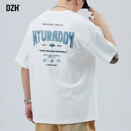 男士白色印花短袖t恤男夏季纯棉美式上衣2023年新款宽松圆领上衣商品大图
