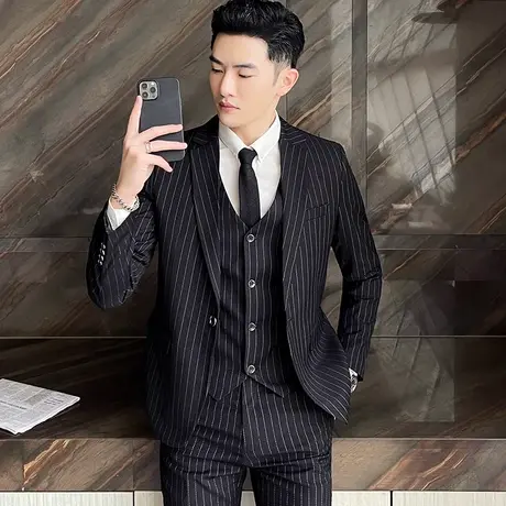 西装男套装春秋休闲条纹西服修身韩版商务正装新郎结婚礼服高品质图片