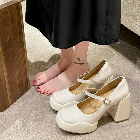 韩版纯色玛丽珍超高跟粗跟单鞋女防水台浅口一字带增高小个子鞋潮商品大图