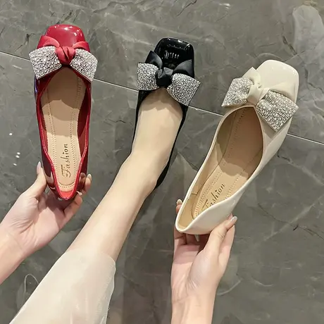平底单鞋女夏秋款水钻蝴蝶结豆豆鞋伴娘鞋婚鞋船瓢鞋女鞋子孕妇鞋商品大图