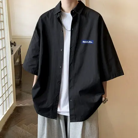 夏季薄款冰丝休闲短袖衬衫男士港风日系大码半袖衬衣外套潮牌男生商品大图