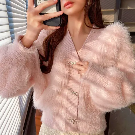 粉红大布娃娃早春2022蝴蝶结粉色外套上衣甜美V领毛毛针织开衫女商品大图