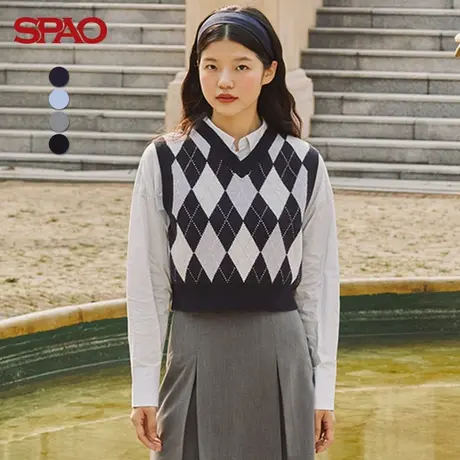SPAO女装韩国同款马甲春季短款菱形格针织背心SPKVC49G01商品大图