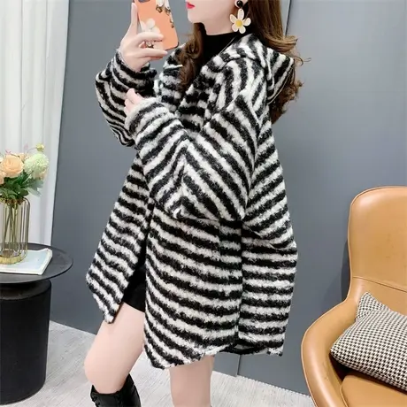 慵懒风加厚条纹连帽衬衫外套女秋冬2023年新款宽松温柔风长袖上衣商品大图