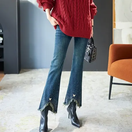 宝诗黎高腰烫钻微喇毛边牛仔裤女棉质百搭修身显瘦喇叭裤2024新款商品大图