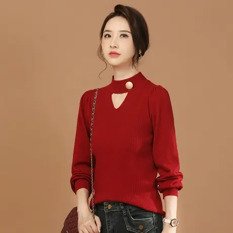 新品85折】泡泡袖镂空红色毛衣女2023冬季新款休闲针织衫设计感图片