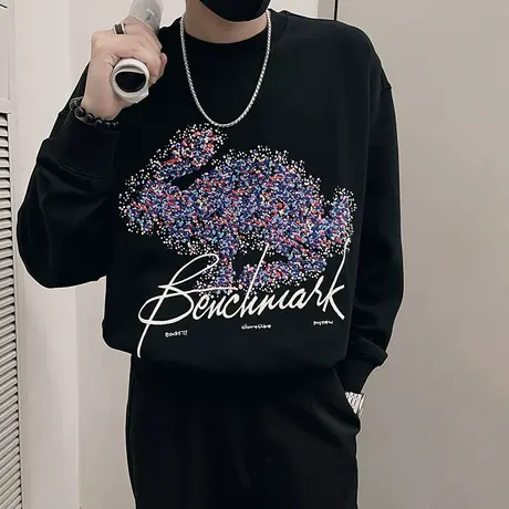 高级感男士卫衣美式嘻哈潮牌ins2023秋季彩色兔子重磅长袖T恤上衣商品大图